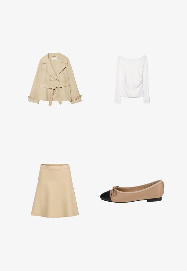 Beige trenchcoat met een wikkelontwerp, dubbele knopen, brede revers, strikceintuur in de taille en opgerolde mouwen met knoopaccenten.; Witte top met lange mouwen, voorzien van een wijde halslijn en geplooid detail aan de achterkant. Glad textuur, aansluitend ontwerp.; Een beige, uitlopende rok gemaakt van een textiel met structuur, met een hoge taille en een gladde zoom, ontworpen voor een eenvoudige en schone silhouette.; Ballett balletflat van beige leer met een zwarte punt. Heeft een strikdetail aan de voorkant en een gladde textuur. Laag profiel ontwerp met een rubberen zool.