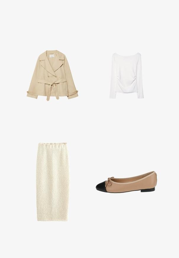 Beige trenchcoat med et omslagsdesign, dobbeltknaplukning, brede revers, bælte i taljen og oprullede ærmer med knapdetaljer.; Langærmet hvid bluse med en bred halsudskæring og gather-detalje på ryggen. Glat tekstur, tætsiddende design.; Strikket blyantskirt i creme med en tekstureret overflade, elastisk talje og en tætsiddende silhuet, designet til et strømlinet look.; Ballet flade i beige læder med spids sort tå. Har en frontsløjfe detalje og en glat tekstur. Lav profil design med en gummisål.