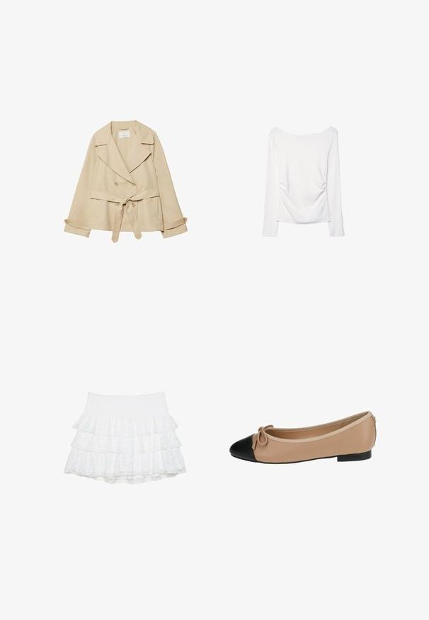 Beżowy płaszcz trench z marszczonym fasonem, podwójnymi guzikami, szerokimi klapami, paskiem w talii oraz podwijanymi rękawami z akcentami guzików.; Biała bluzka z długim rękawem z szerokim dekoltem i marszczeniem z tyłu. Gładka tekstura, dopasowany krój.; Biała, warstwowa mini spódnica z teksturowanej koronkowej tkaniny składająca się z trzech warstw. Elastyczny pas zapewnia rozciągliwość. Brak dodatkowych zdobień.; Baletki w beżowej skórze z czarnym noskiem. Posiadają detal w postaci kokardki z przodu oraz gładką fakturę. Niska sylwetka z gumową podeszwą.