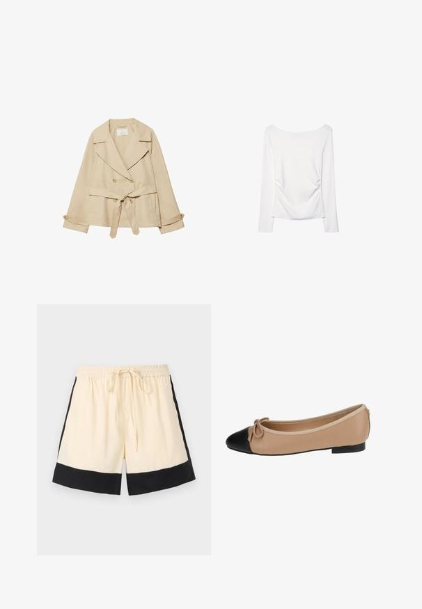 Beige Trenchcoat mit Wickeldesign, doppelten Knöpfen, breiten Revers, einem Bindegürtel in Taillenhöhe und hochgekrempelten Ärmeln mit Knopfdetails.; Langärmliges weißes Oberteil mit weitem Halsausschnitt und gerafftem Detail im Rücken. Glatte Textur, figurbetonter Schnitt.; Cremefarbene Shorts mit schwarzem Saum, elastischem Bund und vorderem Kordelzug. Die Seiten sind mit schwarzen Akzenten versehen, die ein sportliches Design zeigen.; Ballettflats aus beigem Leder mit einer schwarzen Kappe. Mit einer vorderen Schleifenverzierung und einer glatten Textur. Niedriges Profil mit einer Gummisohle.