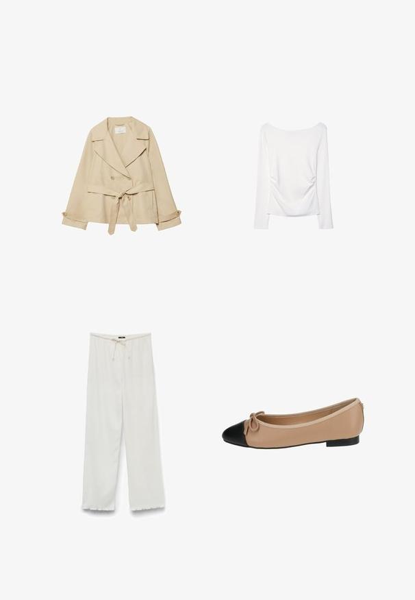 Beige trench coat with a wrap design, double-breasted buttons, wide lapels, tie belt at the waist, and roll-up sleeves with button accents.; Long-sleeve white top featuring a wide neckline and gathered detail at the back. Smooth texture, form-fitting design.; Wide-leg trousers in off-white, featuring a textured fabric, elasticated waistband with drawstring, and raw edges at the hems.; Ballet flat in beige leather with a black cap toe. Features a front bow detail and a smooth texture. Low profile design with a rubber sole.