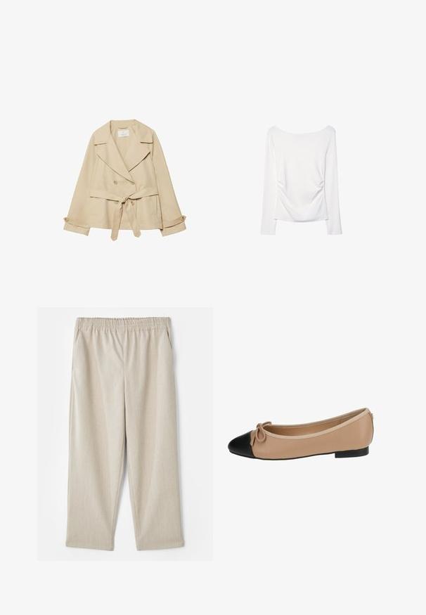 Beige trench coat dengan desain belitan, kancing ganda, kerah lebar, ikat pinggang di pinggang, dan lengan digulung dengan aksen kancing.; Pitkähihaisessa valkoisessa paidassa onavara leveä pääntie ja rypytetty yksityiskohta selässä. Silkkinen pinta, vartaloa myötäilevä muoto.; Housut, vaaleanbeige, kevyet, tekstuurilla varustetut. Mukana joustava vyötärö ja sivutaskut, suoranlahkeinen malli.; Beige nahka ballet-tossut, joissa on musta kärki. Ominaisuuksiin kuuluu edessä oleva nauhakulma ja sileä pinta. Matala profiili, jossa on kumipohja.
