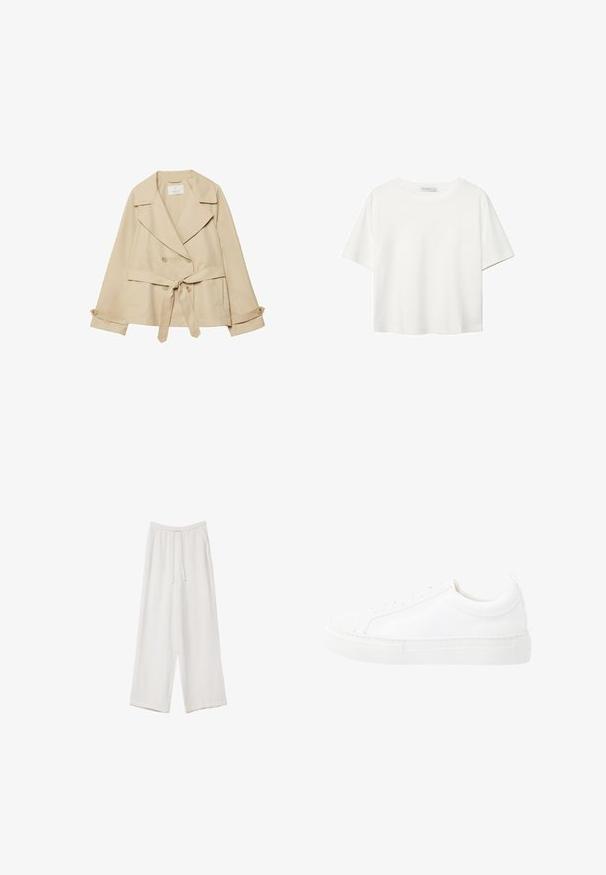 Beige trench coat with a wrap design, double-breasted buttons, wide lapels, tie belt at the waist, and roll-up sleeves with button accents.; White short-sleeve t-shirt made of cotton. Features a crew neckline and a relaxed fit. Smooth texture with no visible patterns or accents.; White wide-leg trousers made from a lightweight fabric. Features an elastic waistband with a drawstring and side pockets. Smooth texture.; White leather sneaker featuring a low-cut design, rounded toe, lace-up front, and thick white rubber sole with a subtle seam detail.