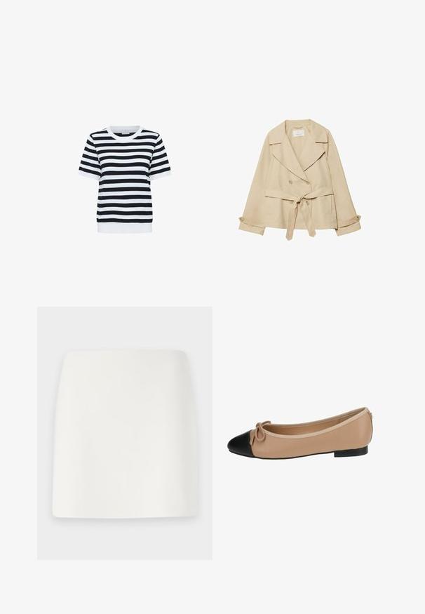 Cappotto trench beige con design avvolgente, bottoni doppi, ampi revers, cintura con nodo in vita e maniche arrotolate con dettagli a bottoni.; Top a righe bianche e nere con maniche corte, collo rotondo e orlo a coste, realizzato in un tessuto morbido e liscio.; Mini gonna bianca, aderente, con una texture liscia e linee pulite. Nessun motivo visibile o accessori. Orlo dritto sul fondo.; Ballerine in pelle beige con punta nera. Presenta un dettaglio a fiocco sul davanti e una texture liscia. Design a profilo basso con suola in gomma.