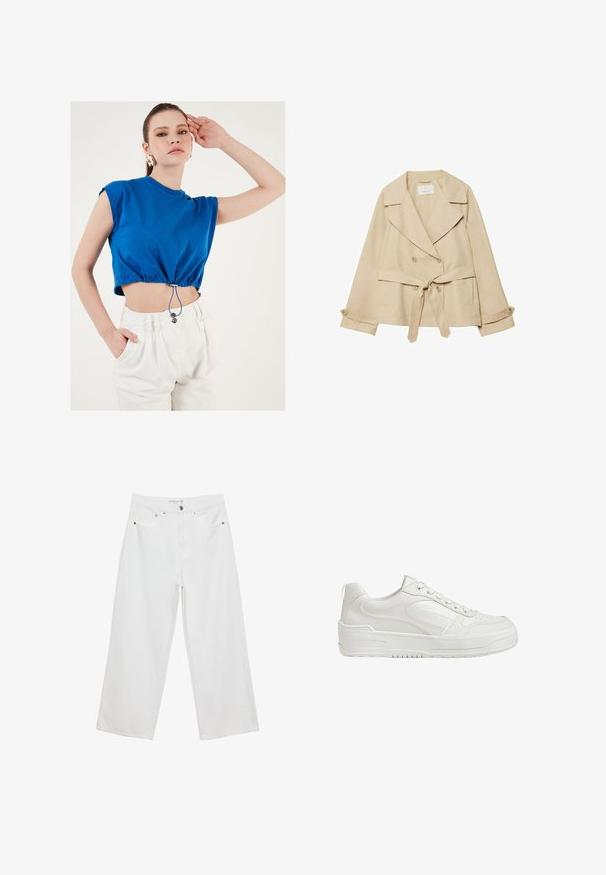 Cappotto trench beige con design avvolgente, bottoni doppi, ampi revers, cintura con nodo in vita e maniche arrotolate con dettagli a bottoni.; Cropped blu con maniche corte, orlo arricciato con cordoncino e fermaglio in metallo, abbinato a pantaloni bianchi a vita alta.; Jeans bianchi a gamba larga realizzati in denim con vita alta, dotati di cinque tasche e dettagli in metallo. Texture liscia, senza motivi visibili.; Sneakers bianchi in pelle con texture liscia, caviglia imbottita e punta perforata. Presentano una suola in gomma leggermente sollevata e un design con lacci.