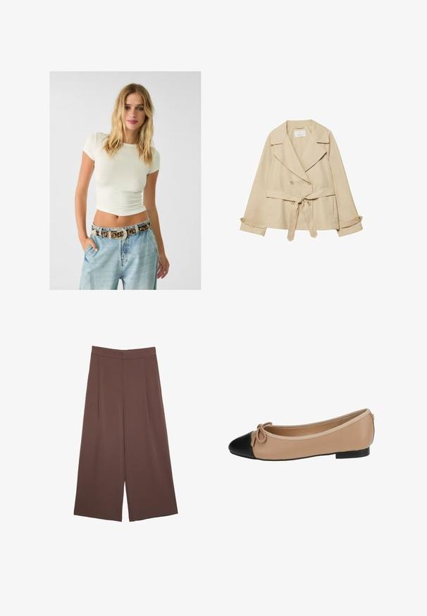 Beige trenchcoat med et omslagsdesign, dobbeltknaplukning, brede revers, bælte i taljen og oprullede ærmer med knapdetaljer.; Kortærmet cremet ribbet crop top parret med lyseblå højtaljede denimjeans og et mønstret bælte med nitter og en dekorativ spænde.; Brune bredbunde bukser med en glat tekstur, der har høj talje og plisseringer foran. Stoffet er let og falder løst.; Ballet flade i beige læder med spids sort tå. Har en frontsløjfe detalje og en glat tekstur. Lav profil design med en gummisål.
