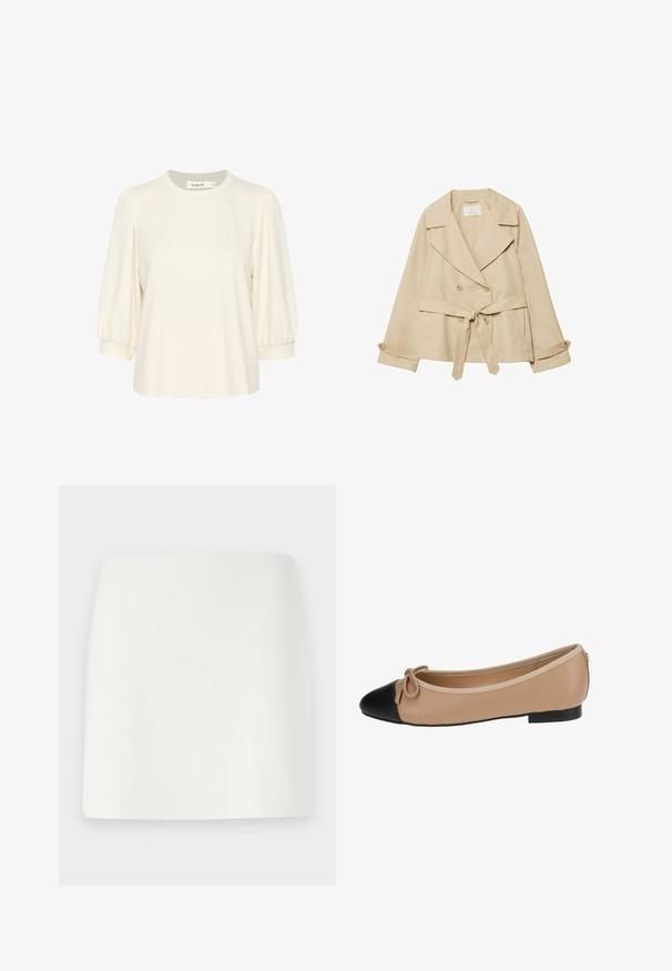 Beige Trenchcoat mit Wickeldesign, doppelten Knöpfen, breiten Revers, einem Bindegürtel in Taillenhöhe und hochgekrempelten Ärmeln mit Knopfdetails.; Cremefarbenes Oberteil mit kurzen, puffförmigen Ärmeln, rundem Ausschnitt und lockerer Passform. Hergestellt aus weichem Stoff, ideal für legere Kleidung.; Weißer, taillierter Minirock mit glatter Textur und klaren Linien. Keine sichtbaren Muster oder Beschläge. Gerader Saum am unteren Ende.; Ballettflats aus beigem Leder mit einer schwarzen Kappe. Mit einer vorderen Schleifenverzierung und einer glatten Textur. Niedriges Profil mit einer Gummisohle.