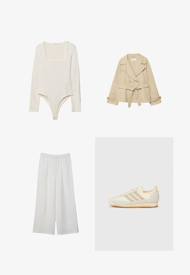 Beige trenchcoat med et omslagsdesign, dobbeltknaplukning, brede revers, bælte i taljen og oprullede ærmer med knapdetaljer.; Langærmet bodysuit i lys creme med firkantet halsudskæring, glat tekstur og trykknaplukninger i skridtet for nem påklædning.; Hvide vidde bukser lavet af letvægtsstof, med en elastisk talje og snøre for justerbar pasform. Glat tekstur.; Creme atletisk sneakers med tre beige striber, lavet af ruskind og tekstilmaterialer, en struktureret sål og prægede mærker på hælen.
