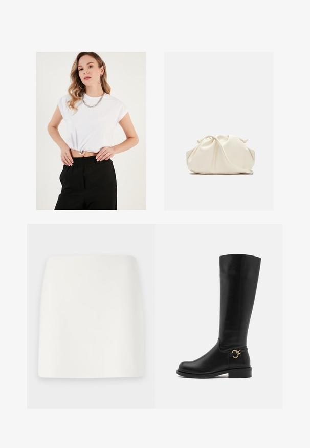 Beige trench coat dengan desain belitan, kancing ganda, kerah lebar, ikat pinggang di pinggang, dan lengan digulung dengan aksen kancing.; Valkoinen lyhythihainen cropped-t-paita, jossa on gathered-helma ja hopeinen pyöreä varuste, yhdistettynä mustiin korkeavyötäröisiin housuihin.; Valkoinen, muotoiltu minihame, jossa on sileä tekstuuri ja puhtaat linjat. Ei näkyviä kuvioita tai hardware-osia. Suora helma alaosassa.; Anna Field Wide Fit Saappaat - black; Kermapunah, tas faux leather lembut dengan desain berkerut, tali yang dapat disesuaikan, dan penutupan tali yang halus. Tekstur mulus dan bentuk bulat.