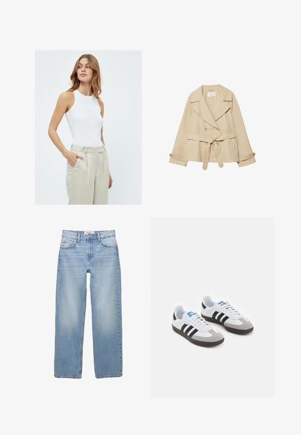 Beige Trenchcoat mit Wickeldesign, doppelten Knöpfen, breiten Revers, einem Bindegürtel in Taillenhöhe und hochgekrempelten Ärmeln mit Knopfdetails.; Weißes ärmelloses Tanktop mit figurnaher Passform, aus geripptem Stoff, kombiniert mit hellbeigen, hochgeschnittenen Leinenhosen.; Helle blaue Jeans aus Denim mit geradem Bein, Fünf-Taschen-Stil und sichtbaren Nähdetails. Der Stoff hat eine weiche, leicht ausgewaschene Textur.; Sportschuhe mit einem Obermaterial aus weißem Leder, grauer Wildleder-Zehenkappe und drei schwarzen Streifen. Sie verfügen über ein blaues Logo auf der Zunge und eine strukturierte Gummisohle.
