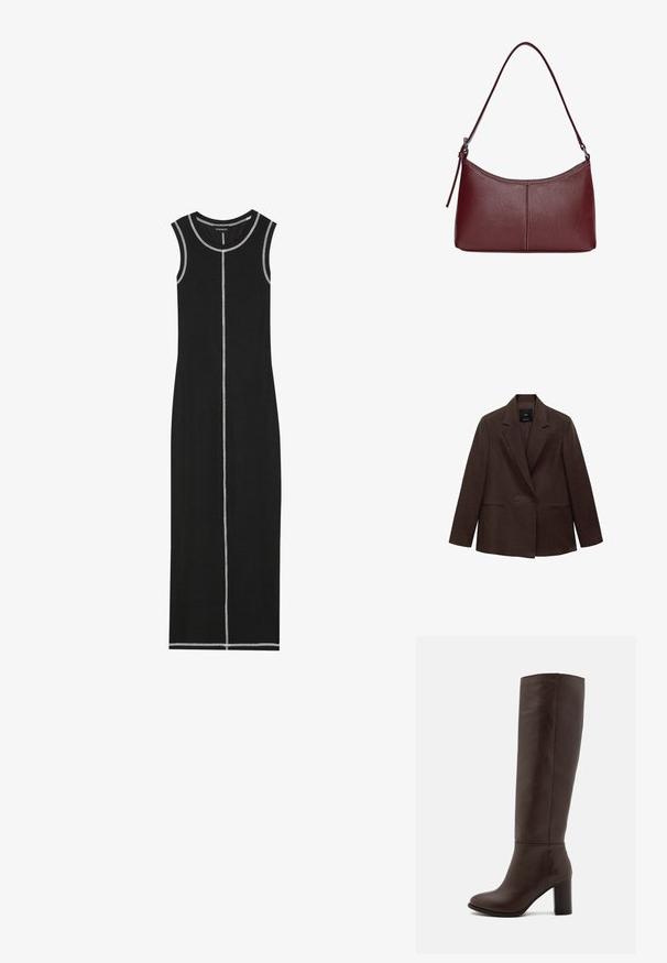 Brauner doppelt geknöpfter Blazer mit Reverskragen, langen Ärmeln, zwei vorderen Taschen und glatter Textur. Etikett ist im Kragen sichtbar.; Schwarzes ärmelloses Maxikleid mit gerippter Textur, das kontrastierende weiße Nähte entlang des Ausschnitts und der vertikalen Mittelnaht aufweist.; Braune Lederstiefel bis zum Knie mit Blockabsatz, glatter Textur, runder Spitze und minimalen Nahtdetails.; Bordeauxfarbene Ledertasche mit geschwungener Form, einem einzigen Schulterriemen und gesteppten Details in der Mitte. Glatte Textur, minimales Zubehör.