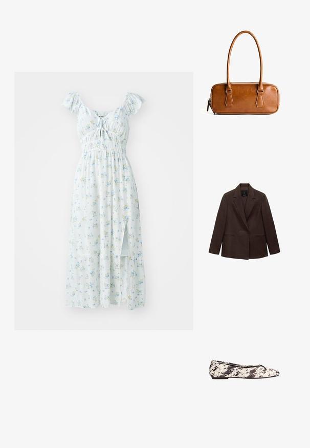 Rjav dvojno zapet blazer z notanimi reverji, dolgimi rokavi, dvema sprednjima žepoma in gladko teksturo. Oznaka je vidna znotraj ovratnika.; Svetlo modra cvetna maksi obleka s kratkimi volančkastimi rokavi, nagubanimi prsnimi deli in stranskim razporkom. Ima majhne zelnate in rumene cvetlične vzorce.; Črno-bela pikasta balerinka z majhnim lokom na zaobljenem prstu in nizko peto, prikazana s strani na beli podlagi.; Brahno usnjeni ročni torbica z dvema dolgima ročkama, pravokotne oblike, gladke teksture, z zadrgo in srebrnimi kovinskimi dodatki.