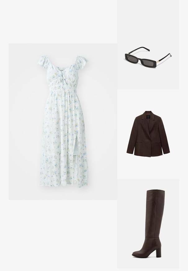 Ruskea kaksirivinen bleiseri, jossa on lovettu kaulus, pitkät hihat, kaksi etutaskua ja sileä pinta. Tunnus on näkyvissä kauluksen sisällä.; Vaaleansininen kukallinen maksimittainen mekko, jossa on lyhyet röyhelöselkäiset hihat, smockattu vartalo ja sivuaukko. Korostuu pienillä vihreillä ja keltaisilla kukkakuosisilla.; Kahvipunaiset nahka polvipituiset saappaat, joissa on tukevat korot, sileä pinta, pyöristetty kärki ja minimaalinen ompelu.; Mustat suorakulmion muotoiset aurinkolasit tummilla linsseillä, kiiltävillä muovikehyksillä ja kultaisilla yksityiskohdilla temppeleissä. Minimalistinen muotoilu ja virtaviivainen malli.