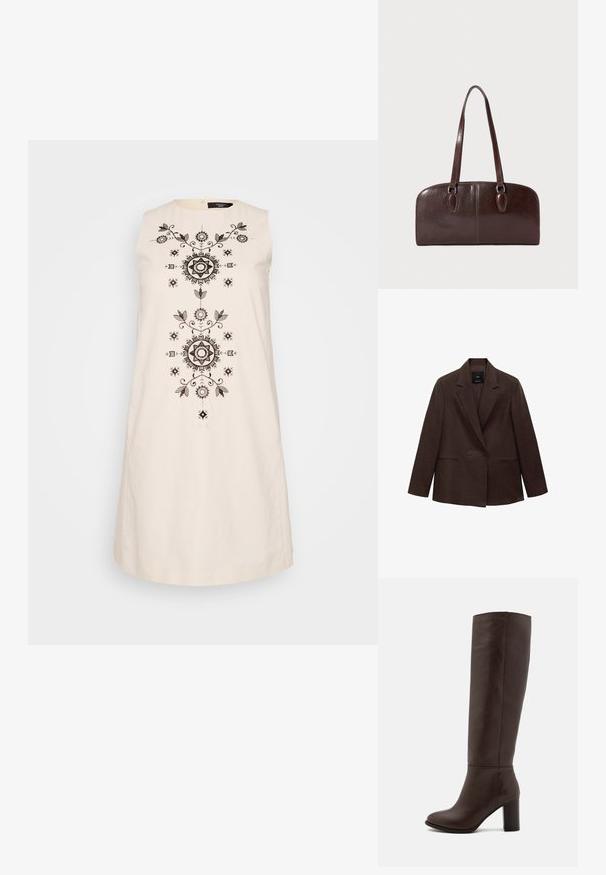 Brun dobbeltradet blazer med skrå krave, lange ærmer, to forlommer og en glat tekstur. Mærket er synligt indeni kraven.; Ærmeløs cremefarvet kjole med indviklet sort broderi med blomster- og geometriske motiver ned langs midten og en rund halsudskæring.; Brun læderknæhøj støvle med en blokhæl, glat tekstur, rund tå og minimale syninger.; Brun lædertaske med to lange håndtag, en struktureret rektangulær form, glat tekstur og afrundede kanter. Har accentdetaljer ved håndtagene.