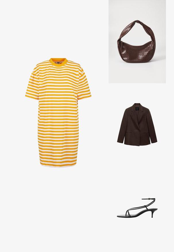 Sacou maro, cu două rânduri de nasturi, guler cu rever, mâneci lungi, două buzunare frontale și o textură netedă. Eticheta este vizibilă în interiorul gulerului.; Rochie cu mânecă scurtă, cu dungi orizontale alternativ galbene și albe, având un decolteu rotund și o croială lejeră.; Sandale negre cu toc, prezentând curele subțiri, un design minimalist, vârf ascuțit și un toc mic tip stiletto. Textură de piele netedă.; Geantă din piele împletită, de culoare maronie, cu un mâner curbat, noduros și închidere cu fermoar. Textură netedă și formă rotundă.
