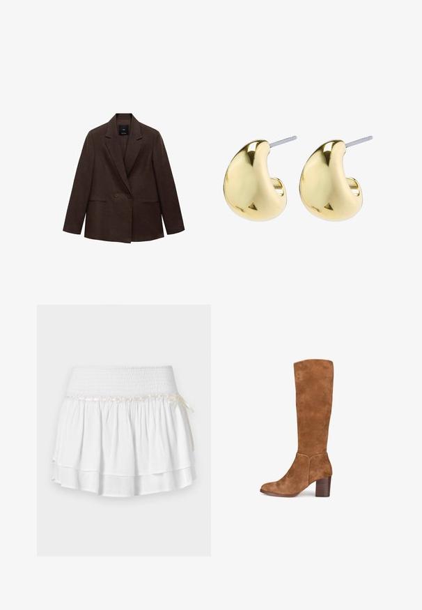 Blazer marrone doppiopetto con revers, maniche lunghe, due tasche frontali e una texture liscia. L'etichetta è visibile all'interno del colletto.; Top marrone senza maniche con scollatura drappeggiata e lungo nodo. Presenta una silhouette aderente, una texture morbida e un design arricciato, abbinato a jeans blu.; Gonna bianca a strati con vita elastica, caratterizzata da un dettaglio in smocking testurizzato e un nastro decorativo. Tessuto di cotone.; Stivale marrone in suede fino al ginocchio con tacco a blocco. Texture liscia, design sagomato e dettagli di cucitura accentata sui lati.; Orecchini color oro con una forma liscia e arrotondata, caratterizzati da una superficie riflettente e una chiusura a perno per un indossamento sicuro.