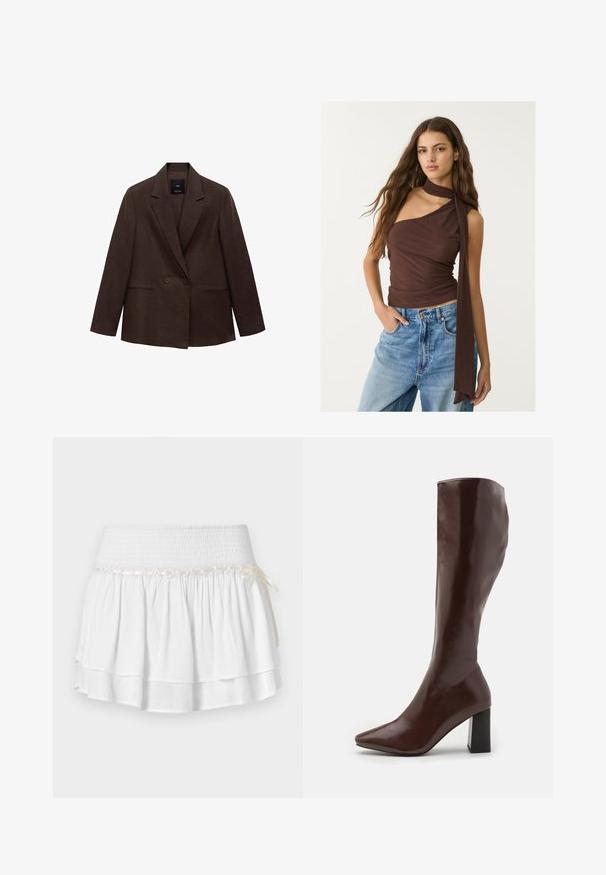 Hnědý dvoubarevný blazer s klopami, dlouhými rukávy, dvěma předními kapsami a hladkou texturou. Štítek je viditelný uvnitř límce.; Hnědý bezrukávový top s drapovaným výstřihem a dlouhou šňůrou. Má dobře padnoucí siluetu, jemnou texturu a nabíraný design, spárovaný s modrými džíny.; Bílá skládaná sukně s elastickým pasem, s texturovaným smockingem a dekorativním stužkovým detailem. Bavlněná tkanina.; RAID HETTIE - Vysoká obuv - brown