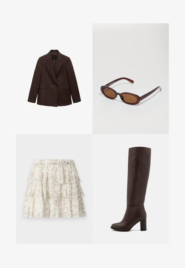 Ruskea kaksirivinen bleiseri, jossa on lovettu kaulus, pitkät hihat, kaksi etutaskua ja sileä pinta. Tunnus on näkyvissä kauluksen sisällä.; Ruskea, hihaton paita, jossa on laskostettu kaula-aukko ja pitkä nauha. Ominaisuuksiin kuuluu tiukka siluetti, pehmeä tekstuuri ja kerätty muotoilu, yhdistettynä sinisiin farkkuihin.; Valkoinen hame, jossa on kerroksellinen, röyhelömuotoilu. Sisältää herkän kukkakuosin vaaleanpunaisena ja vihreänä. Joustava vyötärö mukavuutta varten.; Kahvipunaiset nahka polvipituiset saappaat, joissa on tukevat korot, sileä pinta, pyöristetty kärki ja minimaalinen ompelu.; Pyöreät, ruskehtavat aurinkolasit, joissa on kiiltävä burgundinpunainen runko. Kapeat sivut, joissa on hienovarainen brändäys. Litteät linssit.