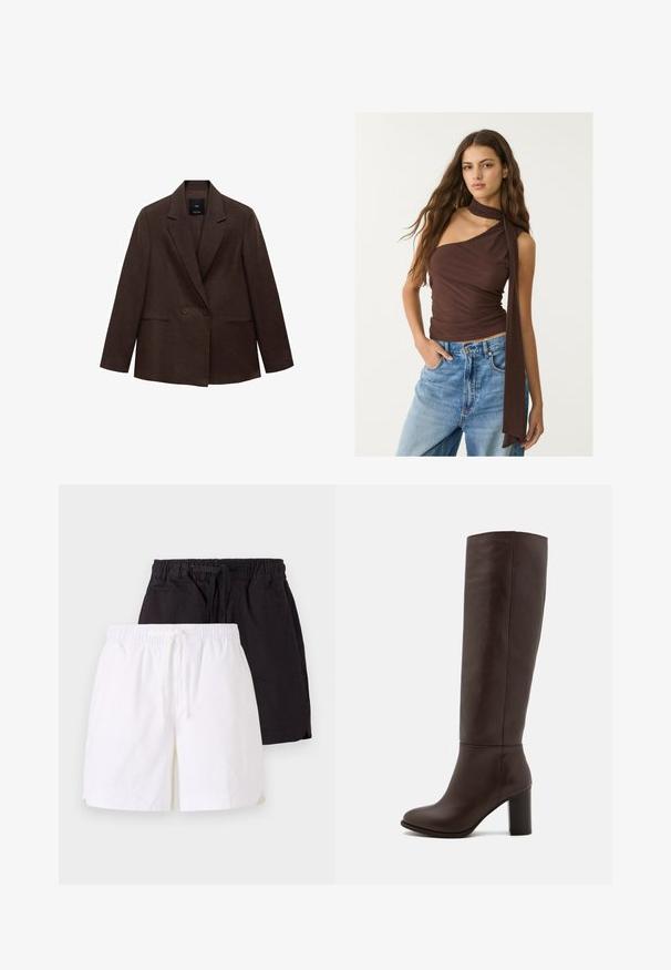 Hnedý dvojradový blejzer s klopovým golierom, dlhými rukávmi, dvoma prednými vreckami a hladkou textúrou. Nálepka je viditeľná vo vnútri goliera.; Hnedý, bezrukávový top s voľným výstrihom a dlhým viazaním. Má priliehavý strih, jemnú textúru a nariasený dizajn, v kombinácii s modrými džínsami.; Dvoje šortiek: jedny biele a jedny čierne, obidvoje s voľným strihom, elastickým pásom a sťahovacou šnúrkou. Materiál je bavlna, jednoduchý dizajn.; Hnedé kožené vysoké čižmy po kolená s blokovým podpätkom, hladkou textúrou, zaoblenou špičkou a minimom šitia.