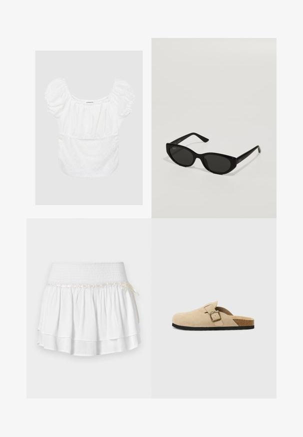 Blazer marrone doppiopetto con revers, maniche lunghe, due tasche frontali e una texture liscia. L'etichetta è visibile all'interno del colletto.; Blusa bianca con maniche a sbuffo, motivo floreale in pizzo, scollatura e vita elastiche, tessuto morbido e vestibilità comoda. Etichetta del marchio visibile.; Gonna bianca a strati con vita elastica, caratterizzata da un dettaglio in smocking testurizzato e un nastro decorativo. Tessuto di cotone.; Zoccoli beige in suede con piede in sughero, punta rotonda e una semplice fascia con una fibbia dorata. Suola in gomma per una buona aderenza.; Occhiali da sole neri a forma di cat-eye, con profilo sottile. Realizzati in plastica liscia, con lenti scure e leggere incisioni del logo sulle tempie.; Borsa tote in paglia intrecciata con texture a treccia, manici e base in pelle marrone scuro, forma circolare larga e design con apertura superiore.