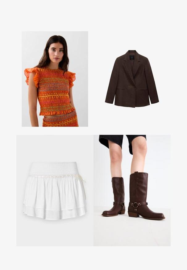 Brun dobbeltradet blazer med skrå krave, lange ærmer, to forlommer og en glat tekstur. Mærket er synligt indeni kraven.; Orange smocked top med flæseærmer, prydet med farverige vandrette striber og en samlet tekstur. Designet til en tætsiddende silhuet.; Hvid tiered nederdel med elastisk talje, der har en tekstureret smocking-detalje og en dekorativ båndaccent. Lavet af bomuldsstof.; Brune læder knæhøje støvler med rund tå, struktureret overflade, ankelrem og sølvhardware detaljer; stablet hæl.