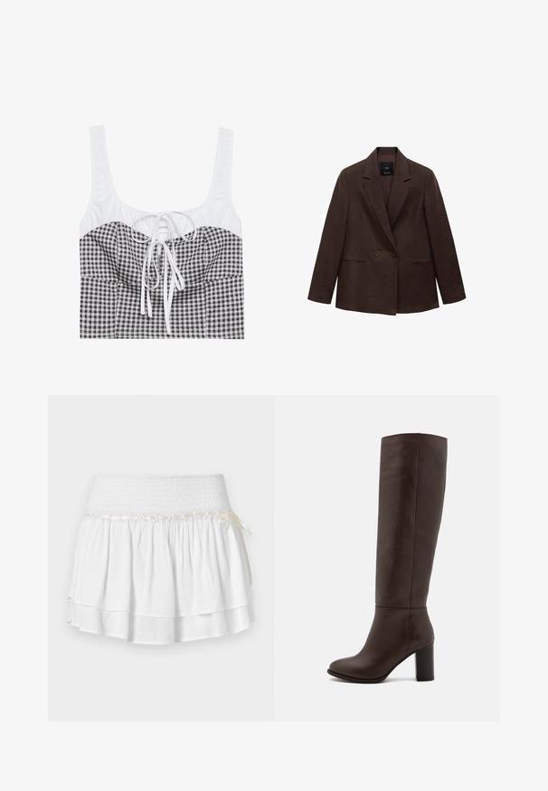 Hnedý dvojradový blejzer s klopovým golierom, dlhými rukávmi, dvoma prednými vreckami a hladkou textúrou. Nálepka je viditeľná vo vnútri goliera.; Čierno-biely kockovaný crop top s textúrovanou bielou vrchnou časťou, štvorcovým výstrihom a nastaviteľnou šnúrkou v strede. Má široké ramienka.; Biela tiered sukňa s elastickým pásom, s textúrovaným smockovaním a dekoratívnou stuhou. Bavlnená látka.; Hnedé kožené vysoké čižmy po kolená s blokovým podpätkom, hladkou textúrou, zaoblenou špičkou a minimom šitia.