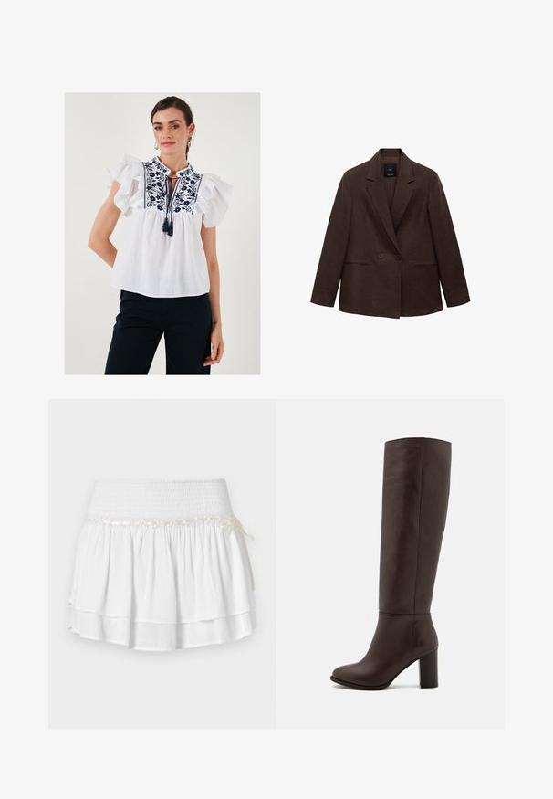 Sacou maro, cu două rânduri de nasturi, guler cu rever, mâneci lungi, două buzunare frontale și o textură netedă. Eticheta este vizibilă în interiorul gulerului.; Bluză albă cu mâneci scurte ondulate, model floral brodat în nuanțe de bleumarin, detaliu cu slit și fundiță la decolteu, material ușor.; Fustă albă în straturi cu talie elastică, având un detaliu texturat de smocking și un accent decorativ cu panglică. Material din bumbac.; Botă din piele maro, până la genunchi, cu toc bloc, textură netedă, vârf rotund și detalii de cusătură minime.
