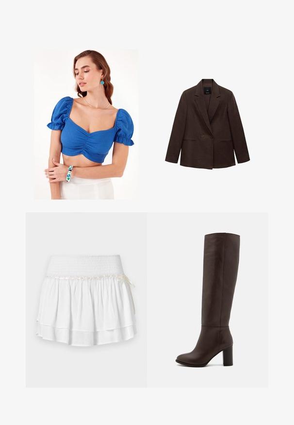 Brun dobbeltradet blazer med skrå krave, lange ærmer, to forlommer og en glat tekstur. Mærket er synligt indeni kraven.; Blå cropped top med puffede ærmer og rynket frontdetalje. Modellen bærer et geometrisk mønstrede armbånd og en simpel halskæde. Baggrunden er ensfarvet hvid.; Hvid tiered nederdel med elastisk talje, der har en tekstureret smocking-detalje og en dekorativ båndaccent. Lavet af bomuldsstof.; Brun læderknæhøj støvle med en blokhæl, glat tekstur, rund tå og minimale syninger.