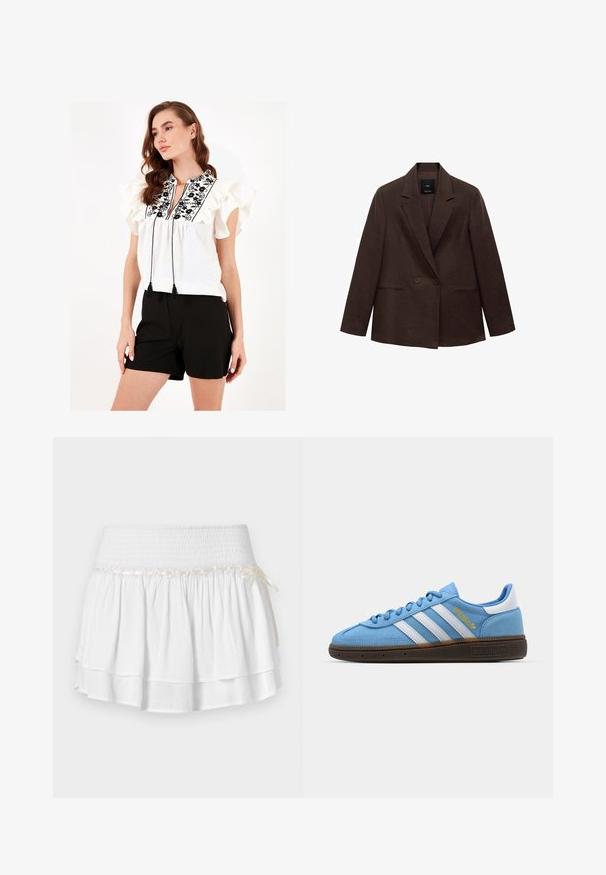 Bruine dubbelzijdige blazer met een notch lapel, lange mouwen, twee voorzakken en een gladde textuur. Label is zichtbaar binnen de kraag.; Witte blouse met gerimpelde mouwen, zwarte bloemenborduursels en franjes aan de hals. Gecombineerd met zwarte shorts.; Witte, gelaagde rok met een elastische tailleband, voorzien van een gestructureerde smockdetail en een decoratieve lintaccent. Katoenen stof.; Lichtblauwe suède sneakers met witte leren strepen, een bruine textuurzool en gouden logo-detail. Laag ontwerp met een ronde neus.