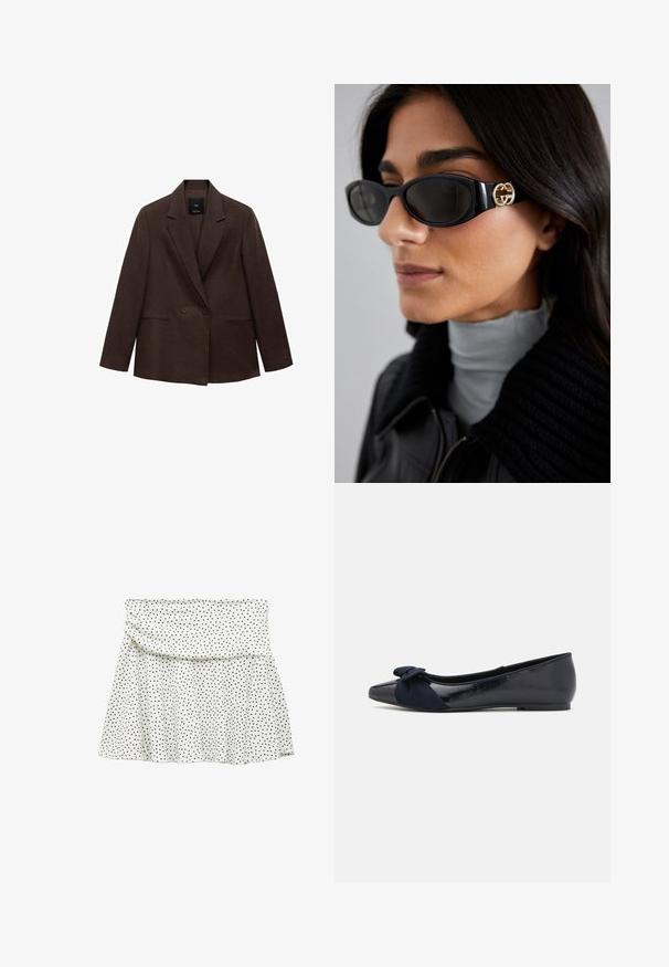 Brązowa marynarka dwurzędowa z klapami, długimi rękawami, dwoma przednimi kieszeniami i gładką fakturą. Metka widoczna wewnątrz kołnierza.; Dwa bezszwowe szaliki w tubie: jeden czarny, a drugi biały. Oba wykonane są z miękkiego, elastycznego materiału i mają gładką fakturę bez wzorów.; Biała spódnica w czarne kropki, z marszczonym pasem i rozszerzanym dołem. Wykonana z miękkiego materiału, ma gładką fakturę.; Granatowe baletki z błyszczącego lakierowanego materiału, z teksturowaną zamszową kokardą na palcu, charakteryzujące się okrągłym noskiem i płaską podeszwą.; Czarne okulary przeciwsłoneczne o eleganckim, prostokątnym kształcie z logo w kolorze złotym na boku. Ciemne soczewki i błyszczące wykończenie są wyraźnie widoczne.; Czarna torba na ramię wykonana z gładkiego materiału, o zaokrąglonym kształcie, z złotym zamkiem błyskawicznym i złotym wytłoczonym logo na przedniej stronie.