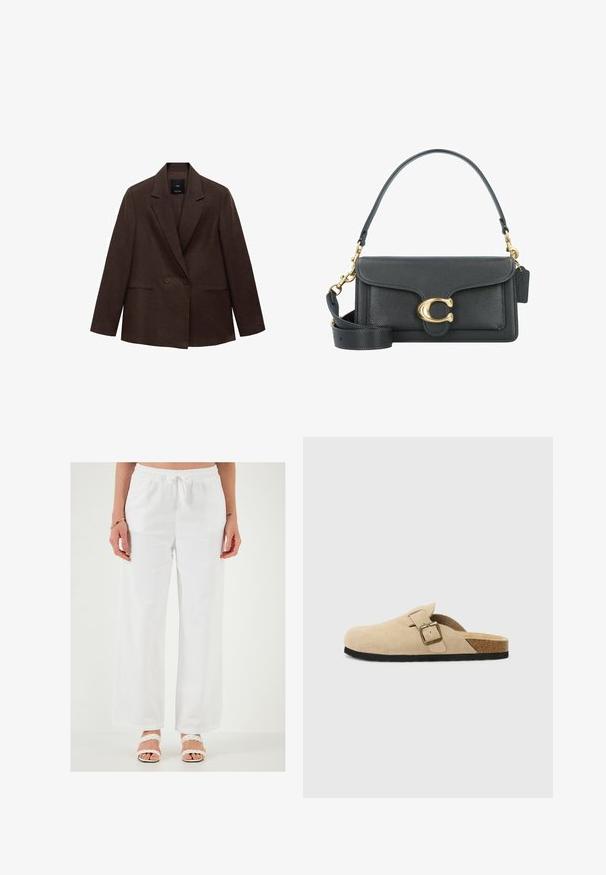 Brązowa marynarka dwurzędowa z klapami, długimi rękawami, dwoma przednimi kieszeniami i gładką fakturą. Metka widoczna wewnątrz kołnierza.; Dwa bawełniane topy w kolorze białym i czarnym. Każdy z nich ma głęboki dekolt i cienkie ramiączka, charakteryzujące się gładką, miękką teksturą.; Białe, luźne lniane spodnie z elastycznym pasem w talii i sznurkiem do regulacji. Gładka tekstura, szerokie nogawki i brak widocznych wzorów.; Beżowe zamszowe klapki z korkową wkładką, zaokrąglonym noskiem i prostym paskiem z złotym zapięciem. Gumowa podeszwa zapewniająca przyczepność.; Czarna skórzana torba na ramię z akcentami w kolorze złotym, wyposażona w charakterystyczne zapięcie, odpinany pasek na ramię oraz teksturowaną powierzchnię.