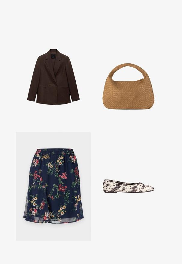 Brun dubbelknäppt kavaj med slag, långa ärmar, två framfickor och en slät yta. Etiketten är synlig inuti kragen.; Svart bomull t-shirt med rund halsringning, korta ärmar och avslappnad passform. Slät textur utan synliga mönster eller prydnader.; Blommig kjol med elastisk midja, med en marinblå bakgrund prydd med röda, gula och gröna blommönster. Lättviktigt material.; Svart- och vitprickig balettklänning med en liten rosett på den rundade tådelen och låg klack, visad från sidan mot en vit bakgrund.; Vävd tan-handväska med rund handtag, tillverkad av mjukt läder. Har en dragkedjestängning och intrikata korgvävsmönster.