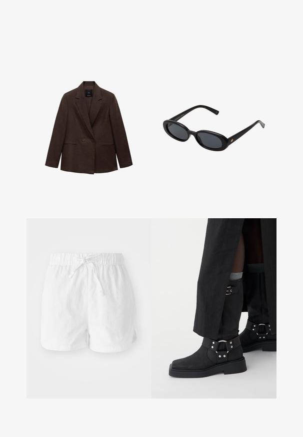 Brauner doppelt geknöpfter Blazer mit Reverskragen, langen Ärmeln, zwei vorderen Taschen und glatter Textur. Etikett ist im Kragen sichtbar.; Langärmliges Baumwoll-T-Shirt mit schwarz-weißen horizontalen Streifen, Rundhalsausschnitt und weicher Textur. Keine sichtbaren Beschläge oder Akzente.; Weiße Baumwollshorts mit einem elastischen Bund und verstellbarem Kordelzug. Mit seitlichen Schlitzen für Bewegungsfreiheit und einem lässigen Schnitt.; Schwarze Ankle Boots aus Leder mit mattem Finish, rechteckiger Zehenpartie und dekorativen Schnallen. Die Sohle ist klobig und strukturiert.; Schwarze, oversized Sonnenbrillen mit ovalen Gläsern, glattem Kunststoffrahmen und goldenen Akzenten an den Bügeln. Die dunklen Gläser bieten Sonnenschutz.