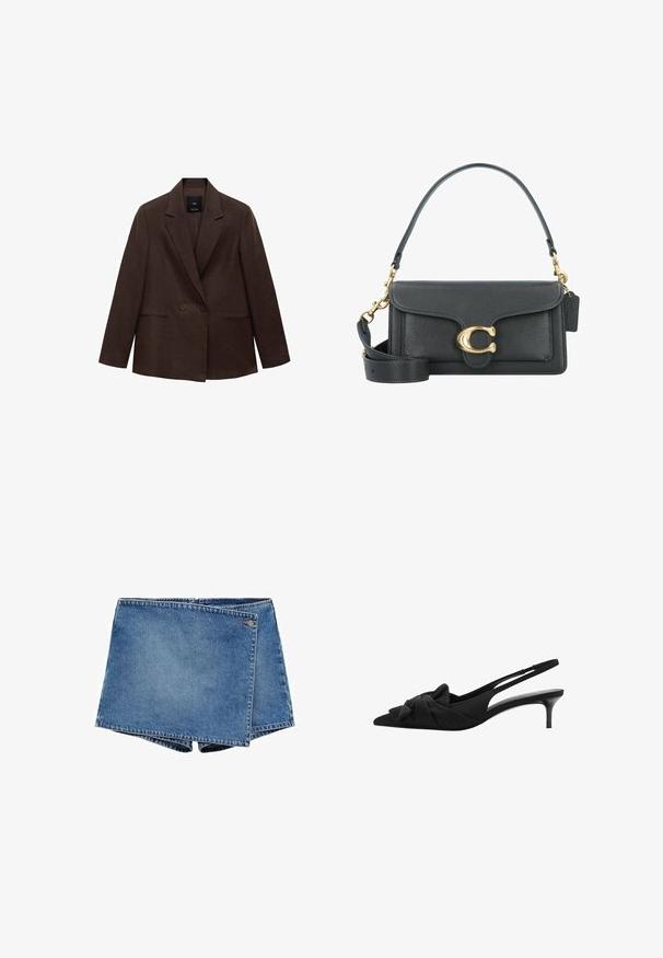 Hnědý dvoubarevný blazer s klopami, dlouhými rukávy, dvěma předními kapsami a hladkou texturou. Štítek je viditelný uvnitř límce.; Dvě tílka: jedno v tmavě hnědé barvě s žebrovanou texturou a širokými ramínky, druhé v smetanově bílé barvě, hladká tkanina se podobným designem.; Džínové šortky ve středně modré barvě s jedinečným překrývajícím se designem. Obsahují zipový uzávěr a malý logo akcent na pase.; Černé lodičky s otevřenou patou s špičatou špičkou, mašlí na nártu, texturovanou látkou a štíhlým lesklým podpatkem o výšce 7,5 cm.; Černá kožená kabelka se zlatým kováním, s podpisovým zapínáním, odnímatelným ramenním popruhem a texturovaným povrchem.