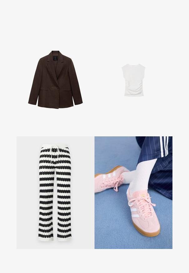 Rjav dvojno zapet blazer z notanimi reverji, dolgimi rokavi, dvema sprednjima žepoma in gladko teksturo. Oznaka je vidna znotraj ovratnika.; Bela kratka majica s kratkimi rokavi in okroglim izrezom. Ima nabran teksturo ob straneh in prilegajočo silhueto, izdelana iz mehke, raztegljive tkanine.; Pletene hlače z izmeničnimi črnimi in belimi črtami, z vrvico v pasu in razširjenimi robovi. Tekstura tkanine z odprto pletenjem.; Svetlo roza antilopni športni copati z belimi črtami in vezalkami, z teksturirano jezičko in gumo podplatom, postavljeni na modrem tepihu.
