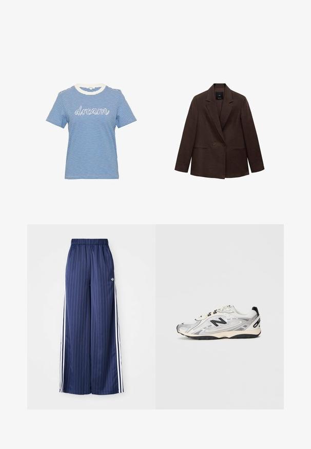 Bruine dubbelzijdige blazer met een notch lapel, lange mouwen, twee voorzakken en een gladde textuur. Label is zichtbaar binnen de kraag.; Blauw-witte gestreepte kortemouwen t-shirt met een witte geribbelde halslijn en de tekst "droom" in witte schrift op de voorkant.; Navyblauwe wijde broek met verticale witte strepen, elastische tailleband en drie witte strepen aan elke kant, gemaakt van een lichtgewicht materiaal.; Grijze en witte sportschoen met een ronde neus, gemaakt van mesh en synthetische materialen, zwarte accenten en een gestructureerde rubberen zool.