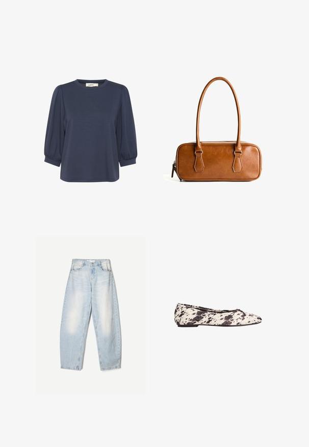 Hnedý dvojradový blejzer s klopovým golierom, dlhými rukávmi, dvoma prednými vreckami a hladkou textúrou. Nálepka je viditeľná vo vnútri goliera.; Námornícky modrá blúzka s krátkym rukávom a okrúhlym výstrihom, s vypchnutými rukávmi a voľným strihom. Mäkký materiál s hladkou textúrou.; Svetlomodré džíny s voľným strihom, so zovretým vzhľadom, dvomi prednými vreckami a gombíkovým zapínaním na páse.; Čiernobiele baletky s bodkami a malou mašľou na zaoblenom špičke a nízkym podpätkom, zobrazené zo strany na bielom pozadí.; Hnedá kožená kabelka s dvoma dlhými rúčkami, obdĺžnikový tvar, hladký povrch, zips a akcenty v striebornom odtieni.; Náhrdelník z čiernych a šedých kamenných korálkov s pozlátenou sponou a nastaviteľným reťazcom, ktorý zdôrazňuje hladký povrch a rôzne tvary korálkov.