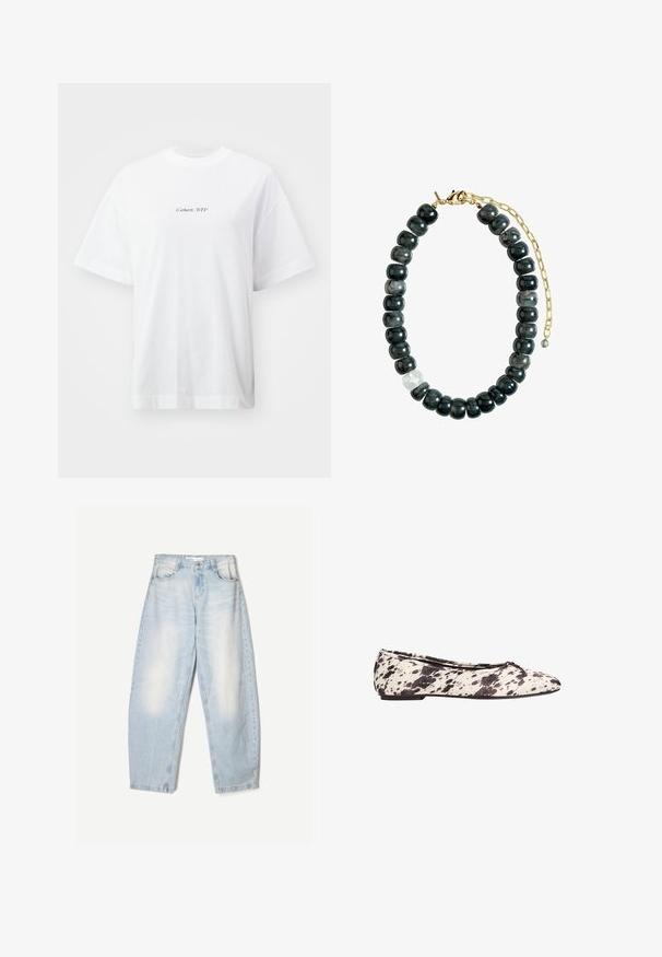 Ruskea kaksirivinen bleiseri, jossa on lovettu kaulus, pitkät hihat, kaksi etutaskua ja sileä pinta. Tunnus on näkyvissä kauluksen sisällä.; Valkoinen puuvillat-paita, jossa on rento malli, lyhyet hihat, pyöreä kaula-aukko ja pieni musta "Carhartt, WIP" -logo edessä.; Vaaleansiniset farkut, joissa on löysä malli, haalistunut pinta, kaksi etutaskua ja nappikiinnitys vyötäröllä.; Musta-valkoiset pilkulliset ballerinat, joissa on pieni nauha pyöreässä varpaassa ja matala korko, kuvattuna sivusta valkoista taustaa vasten.; Mustan ja harmaan kiven helminauha, jossa on kultaketju ja säädettävä nauha. Korussa on sileä pinta ja vaihteleva helmimuoto.