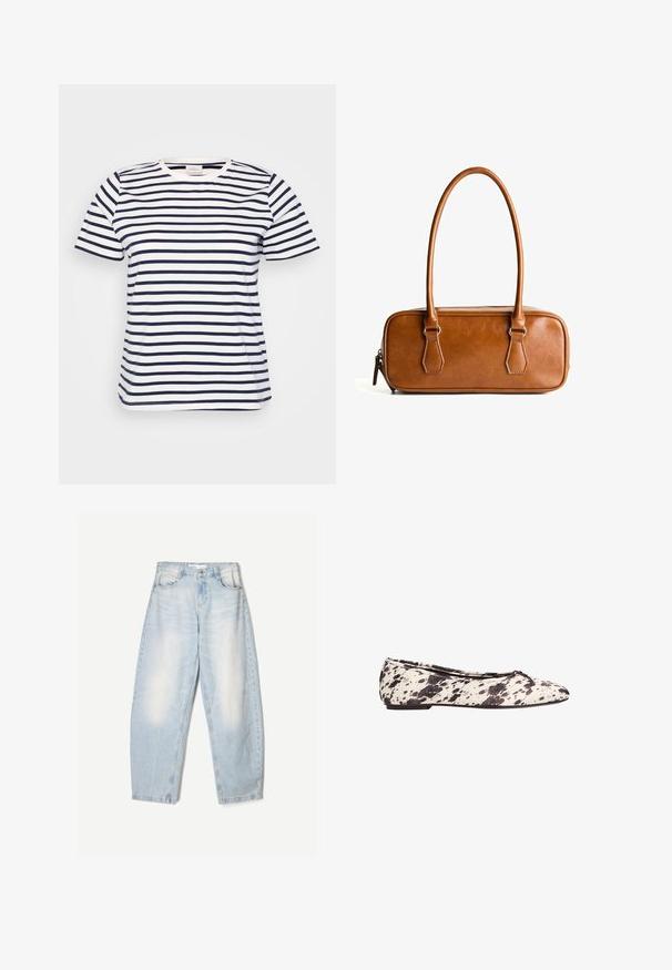 Blazer marrone doppiopetto con revers, maniche lunghe, due tasche frontali e una texture liscia. L'etichetta è visibile all'interno del colletto.; T-shirt bianca con strisce orizzontali blu navy, scollatura rotonda, maniche corte e taglio casual, morbido e ampio. Tessuto di cotone liscio, senza decorazioni visibili.; Jeans in denim azzurro chiaro con una vestibilità ampia, caratterizzati da una finitura sbiadita, due tasche frontali e una chiusura con bottone in vita.; Ballerine a pois bianchi e neri con un piccolo fiocco sulla punta arrotondata e tacco basso, mostrata di lato su uno sfondo bianco.; Borsa a tracolla in pelle marrone con due manici lunghi, forma rettangolare, texture liscia, chiusura con zip e dettagli in metallo color argento.; Collana di perline in pietra nera e grigia con chiusura in oro e catena regolabile, che mette in risalto una texture liscia e forme di perline variabili.