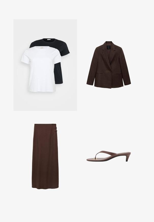 Hnědý dvoubarevný blazer s klopami, dlouhými rukávy, dvěma předními kapsami a hladkou texturou. Štítek je viditelný uvnitř límce.; Dvoje triček, jedno bílé a jedno černé, s krátkými rukávy, kulatými výstřihy a hladkou bavlněnou texturou.; Hnědá sukně až na zem vyrobená z měkkého materiálu. Obsahuje tři dekorativní postranní knoflíky poblíž pasu. Jednoduchý, nezdobený design.; Hnědé sandály s podpatkem a tenkým páskem, zaoblenou špičkou a malým zlatým akcentem na stélce.