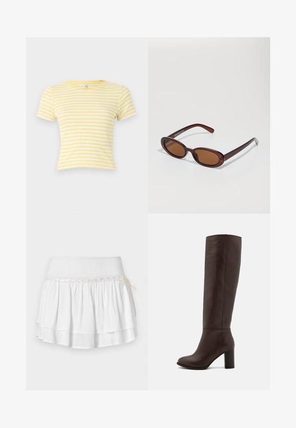 Sacou maro, cu două rânduri de nasturi, guler cu rever, mâneci lungi, două buzunare frontale și o textură netedă. Eticheta este vizibilă în interiorul gulerului.; Tricou cu mânecă scurtă, în dungi galbene și albe, cu guler rotund, confecționat dintr-un material de bumbac moale, având un design scurt.; Fustă albă în straturi cu talie elastică, având un detaliu texturat de smocking și un accent decorativ cu panglică. Material din bumbac.; Botă din piele maro, până la genunchi, cu toc bloc, textură netedă, vârf rotund și detalii de cusătură minime.; Ochelari de soare rotunzi, cu nuanțe de brown și cu un cadru lucios de burgund. Brațe subțiri cu detalii subtile de branding. Design cu lentile plate.