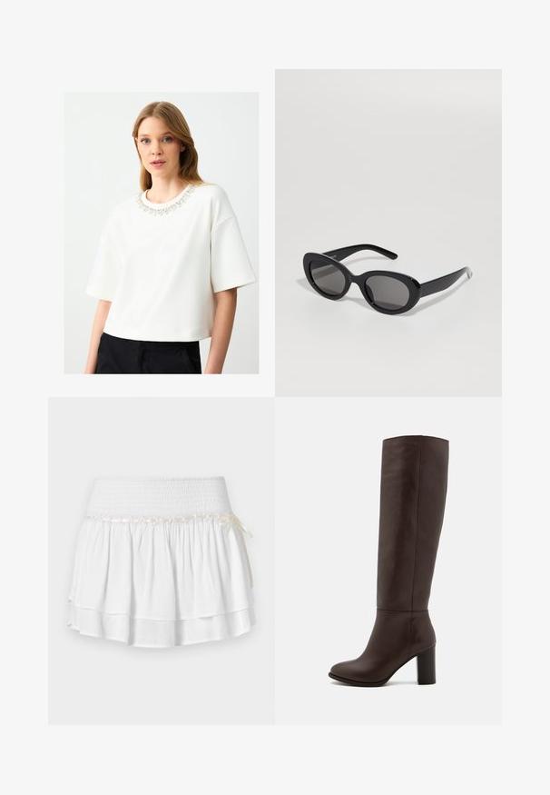 Blazer marrone doppiopetto con revers, maniche lunghe, due tasche frontali e una texture liscia. L'etichetta è visibile all'interno del colletto.; Felpa bianca cropped con maniche corte, caratterizzata da un colletto decorativo impreziosito da gioielli. Texture liscia e design minimalista.; Gonna bianca a strati con vita elastica, caratterizzata da un dettaglio in smocking testurizzato e un nastro decorativo. Tessuto di cotone.; Stivale in pelle marrone al ginocchio con tacco a blocco, texture liscia, punta arrotondata e dettagli di cucitura minimi.; Occhiali da sole neri con lenti ovali, montatura in plastica lucida e aste diritte. Presentano lenti scure per la protezione dai raggi UV.