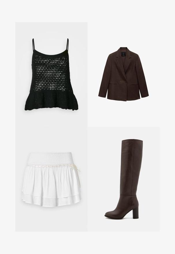 Smeđi dvostruki sako s rebrastim reverima, dugim rukavima, dva prednja džepa i glatkom teksturom. Etiketa je vidljiva unutar ovratnika.; Crni pleteni top bez rukava s labavim dizajnom od čipke, tankim trakama i širokim donjim rubom za dodatni oblik i teksturu.; Smeđa, bezrukava majica s drapiranim izrezom i dugim vezicama. Ima prilagođeni kroj, mekanu teksturu i naborani dizajn, uparen s plavim trapericama.; Bijela suknja sa slojevima i elastičnom futrom, s teksturiranim detaljem smockinga i dekorativnom vrpcom. Pamuk.; Smeđe kožne čizme do koljena s blok petom, glatkom teksturom, zaobljenim vrhom i minimalnim detaljima šivanja.