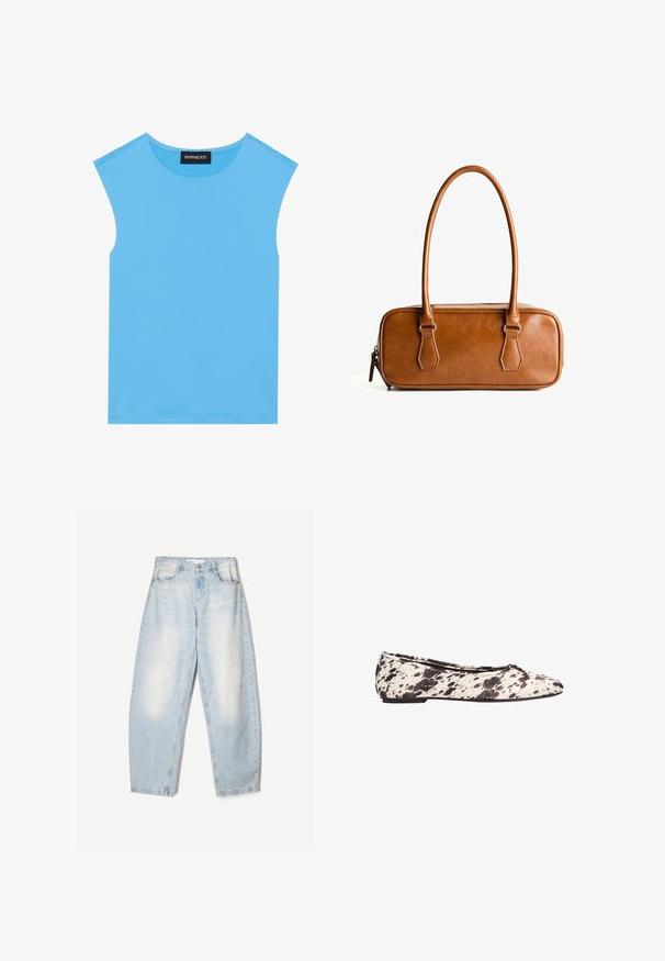 Brown double-breasted blazer with a notched lapel, long sleeves, two front pockets, and a smooth texture. Label is visible inside the collar.; Blue sleeveless top made from smooth fabric, featuring a round neckline and clean lines, without additional embellishments or patterns.; Light blue denim jeans with a loose fit, featuring a faded finish, two front pockets, and a button closure at the waistband.; Black and white spotted ballet flat with a small bow on the rounded toe and low heel, shown from the side on a white background.; Brown leather handbag with two long handles, rectangular shape, smooth texture, zip closure, and silver-tone hardware accents.; Black and gray stone bead necklace featuring a gold clasp and adjustable chain, highlighting a smooth texture and varying bead shapes.