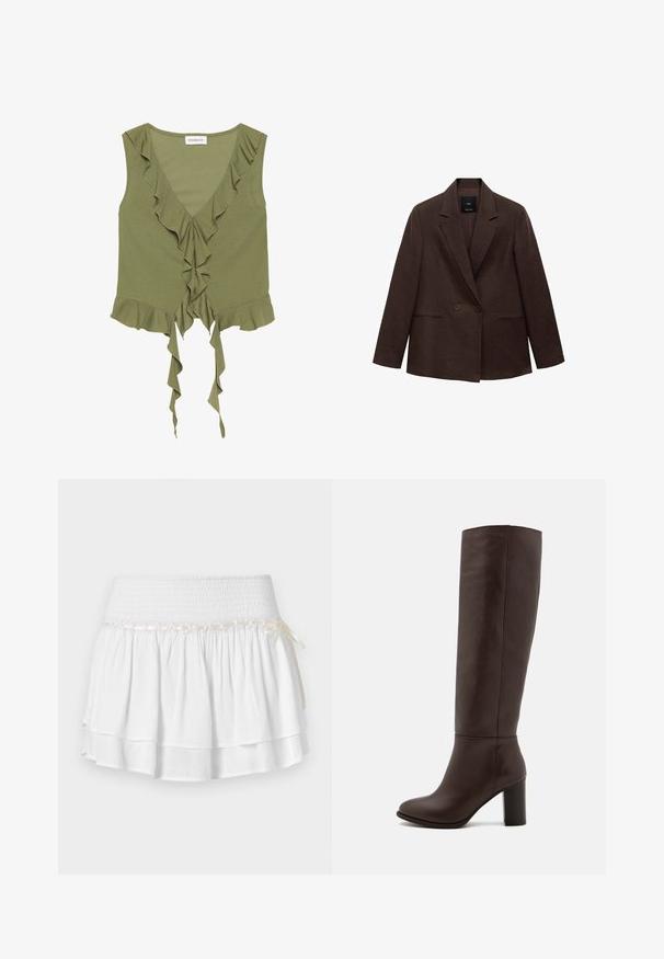 Bruine dubbelzijdige blazer met een notch lapel, lange mouwen, twee voorzakken en een gladde textuur. Label is zichtbaar binnen de kraag.; Olijfgroen mouwloos topje met een V-hals, ruches aan de randen en een strikdetail aan de voorkant. Gemaakt van zachte, lichte stof.; Witte, gelaagde rok met een elastische tailleband, voorzien van een gestructureerde smockdetail en een decoratieve lintaccent. Katoenen stof.; Bruine leren kniehoog laars met een blokhak, gladde textuur, ronde neus en minimale stikseldetails.