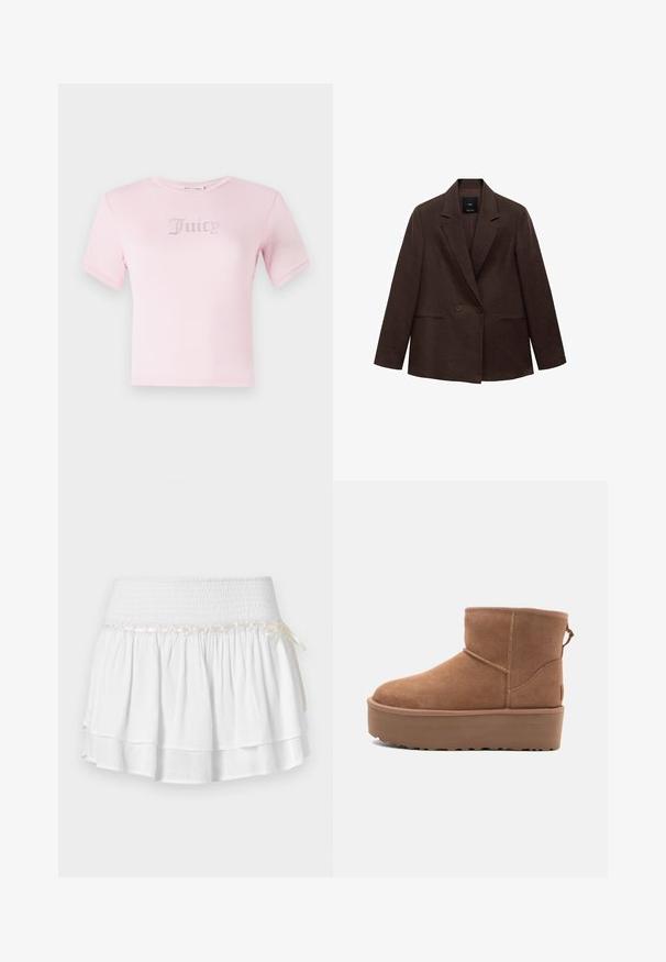 Hnědý dvoubarevný blazer s klopami, dlouhými rukávy, dvěma předními kapsami a hladkou texturou. Štítek je viditelný uvnitř límce.; Růžové bavlněné tričko s krátkým rukávem, na kterém je přes hruď napsáno slovo "Juicy" z kamínků. Klasický kulatý výstřih a přiléhavý střih.; Bílá skládaná sukně s elastickým pasem, s texturovaným smockingem a dekorativním stužkovým detailem. Bavlněná tkanina.; Hnědé semišové kotníkové boty s platformou, zaoblenou špičkou a prošíváním; mají poutko vzadu pro snadné obouvání.