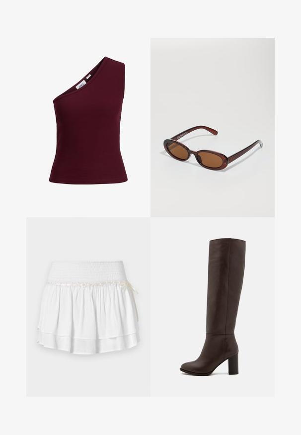 Hnedý dvojradový blejzer s klopovým golierom, dlhými rukávmi, dvoma prednými vreckami a hladkou textúrou. Nálepka je viditeľná vo vnútri goliera.; Bordový rebrovaný top na jedno rameno s elastickou tkaninou a priliehavým strihom. Štítok viditeľný vo vnútornej oblasti krku.; Biela tiered sukňa s elastickým pásom, s textúrovaným smockovaním a dekoratívnou stuhou. Bavlnená látka.; Hnedé kožené vysoké čižmy po kolená s blokovým podpätkom, hladkou textúrou, zaoblenou špičkou a minimom šitia.; Okrúhle slnečné okuliare s hnedým nádychom a lesklým burgundským rámom. Úzke ramená s jemným brandovaním. Plochej šošovky dizajn.