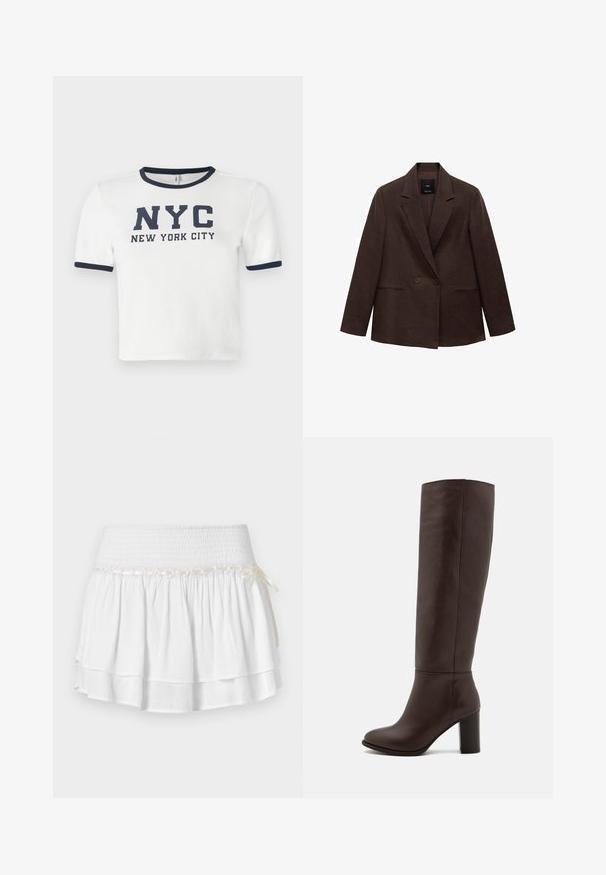 Brauner doppelt geknöpfter Blazer mit Reverskragen, langen Ärmeln, zwei vorderen Taschen und glatter Textur. Etikett ist im Kragen sichtbar.; Weißes T-Shirt mit kurzen Ärmeln und marineblauen Akzenten am Kragen und den Ärmeln. Mit dem auffälligen Drucktext: "NYC NEW YORK CITY."; Weißer Stufenrock mit elastischem Bund, der mit einem strukturierten Rüschenmuster und einem dekorativen Bandakzent versehen ist. Baumwollstoff.; Braune Lederstiefel bis zum Knie mit Blockabsatz, glatter Textur, runder Spitze und minimalen Nahtdetails.