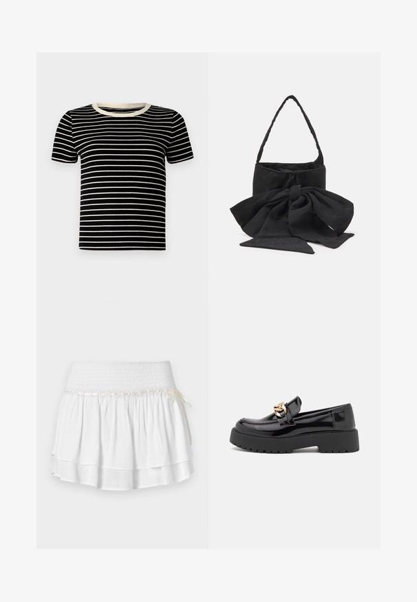 Brauner doppelt geknöpfter Blazer mit Reverskragen, langen Ärmeln, zwei vorderen Taschen und glatter Textur. Etikett ist im Kragen sichtbar.; Schwarz- und cremegestreiftes T-Shirt mit kurzen Ärmeln, geripptem Material und rundem Ausschnitt. Die Streifen sind gleichmäßig verteilt und horizontal.; Weißer Stufenrock mit elastischem Bund, der mit einem strukturierten Rüschenmuster und einem dekorativen Bandakzent versehen ist. Baumwollstoff.; Schwarze Lacklederschuhe im Loafer-Stil mit einer klobigen schwarzen Sohle und goldenen Hardware-Details. Glatte Textur und runde Zehenform.; Schwarze Stoffhandtasche mit einer gebundenen Schleifenakzent, runder Form, strukturiertem Oberflächen mit kleinen Mustern und einem einzelnen, dünnen Tragegriff.