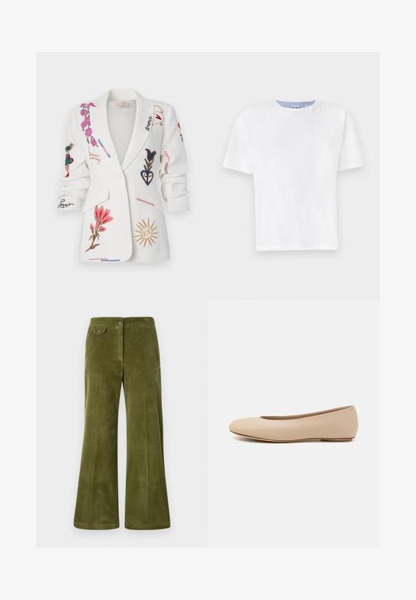 Blazer blanc avec des motifs floraux brodés, des oiseaux et des détails en écriture dans diverses couleurs, doté d'un col cranté et de poches avant.; T-shirt blanc en coton avec un col rond. Présente des manches courtes et un détail rayé bleu à l'intérieur du col. Texture douce, coupe régulière.; Pantalons évasés en corduroy vert olive avec une texture lisse, poches avant et fermeture à bouton à l'avant. Motif à côtes verticales sur l'ensemble.; Ballerines en cuir beige avec un bout arrondi, un minimum de coutures, un petit talon et un logo subtil à l'arrière. Texture lisse et mate.